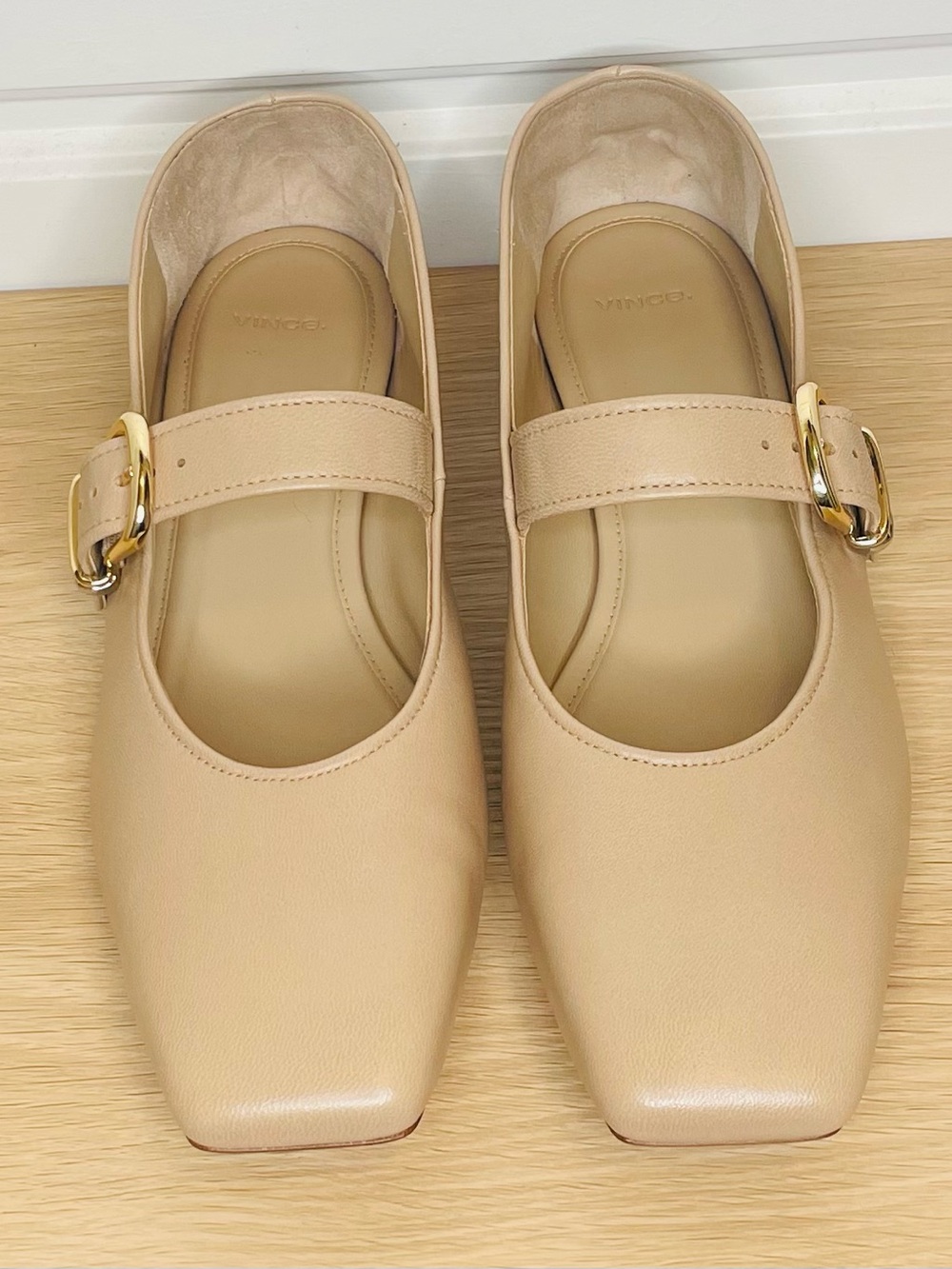 Vince Beige Leather Mary Jane Flats with Gold Buckles